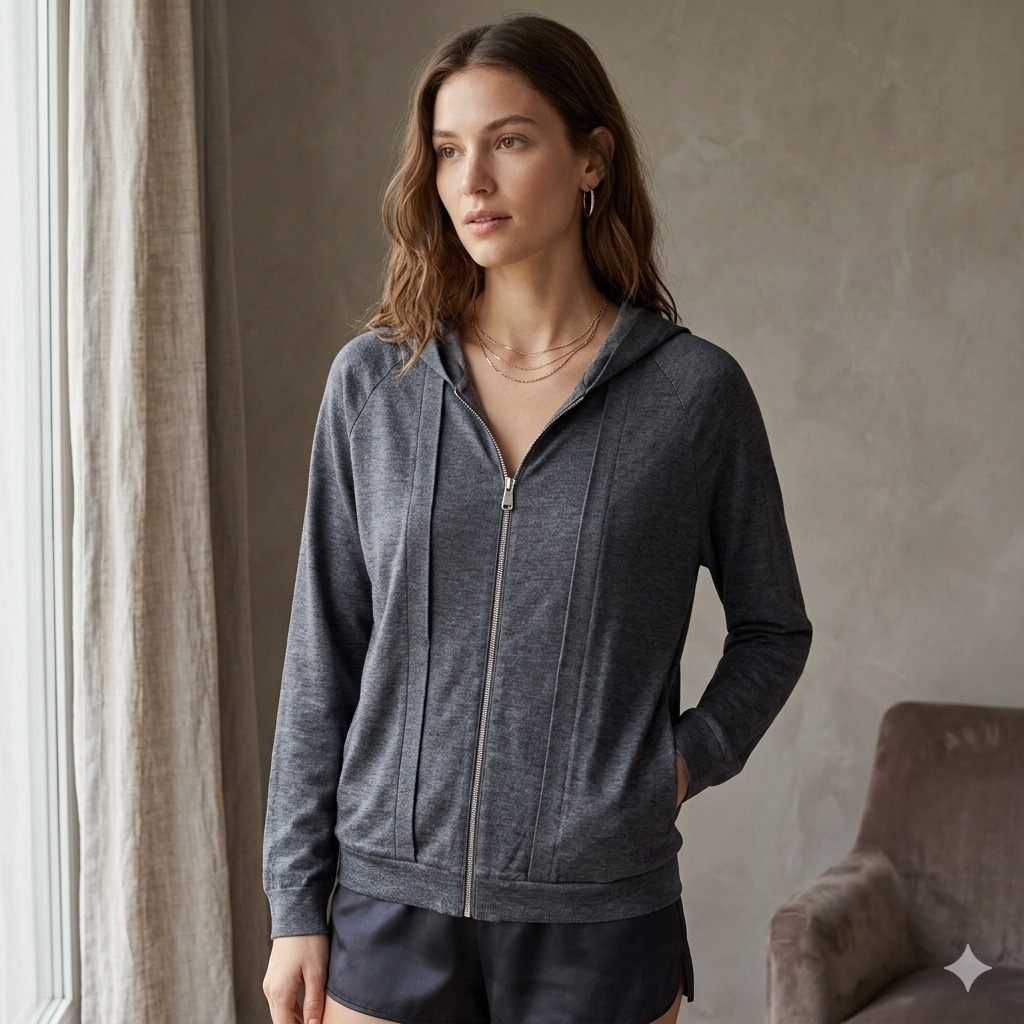 La Perla Full Zip Hoodie Womens Medium Gray Linen Blend Luxury Loungewear Casual